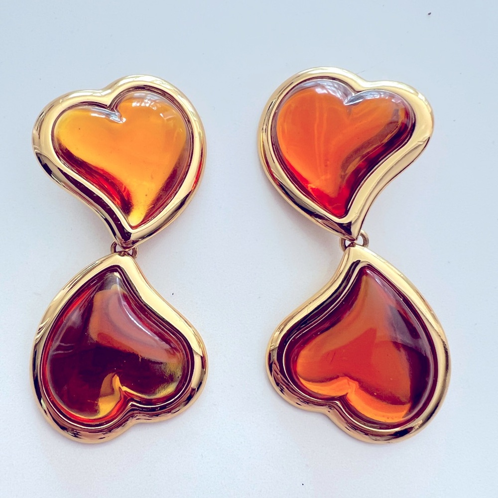 YSL Yves Saint Laurent Vintage double heart drop earrings poured glass look.